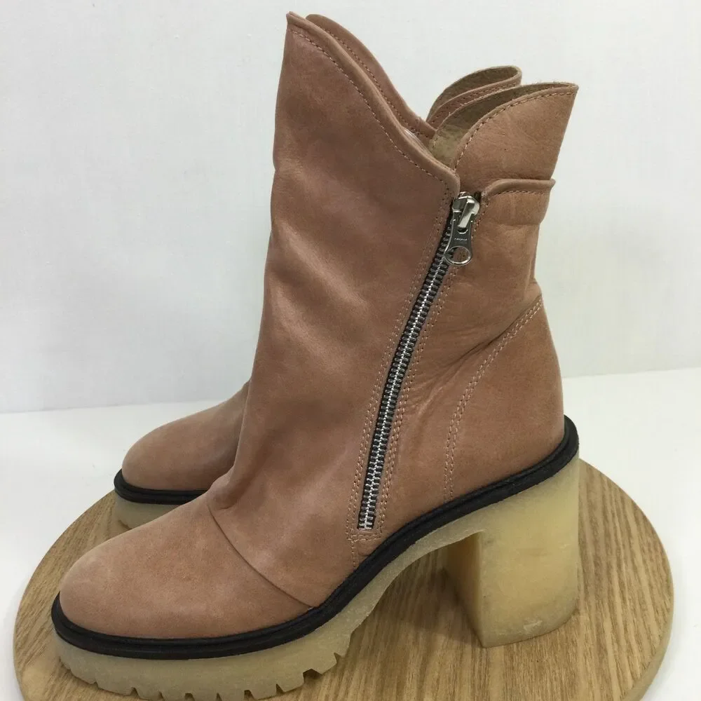 Free People Womens Jack Zip Ankle Boots V-shaped Cut Leather Tan Size US 8.5